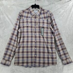 Poncho The Muleshoe Shirt Mens Large Slim Plaid Pearl Snap Long Sleeve NEW